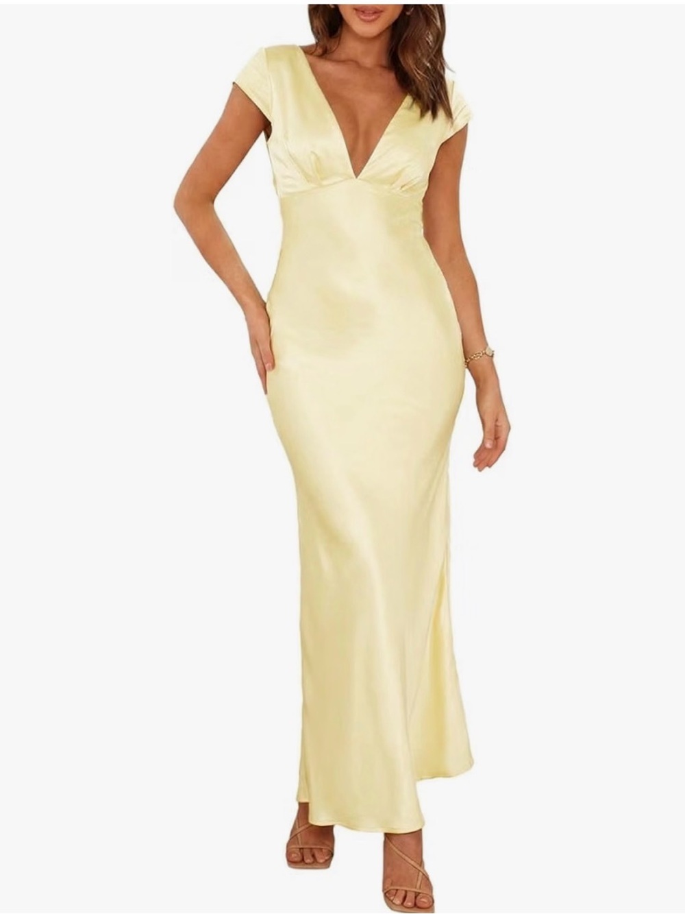 Elegant V-Neck Satin Maxi Dress in Pale Yellow